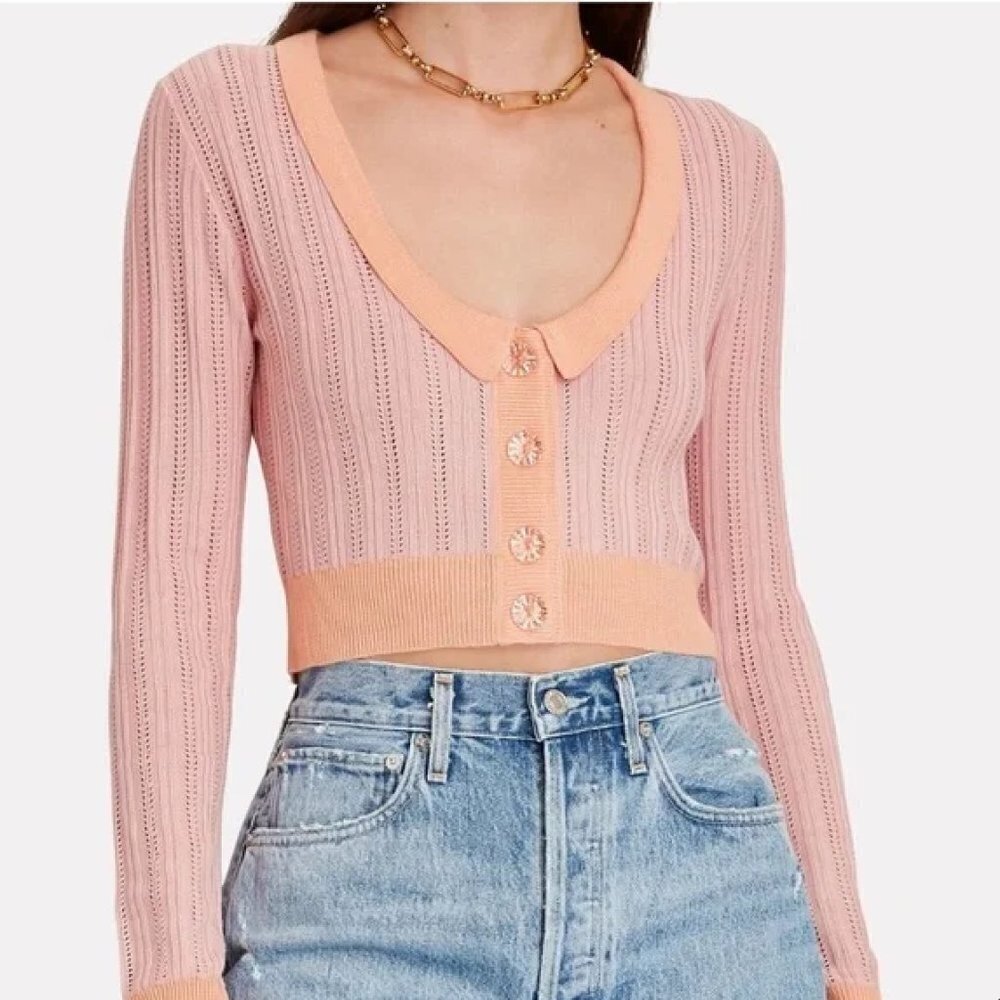 FOR LOVE & LEMONS *FLAWED* Pink Orange Phoebe Pointelle Cropped Cardigan Small